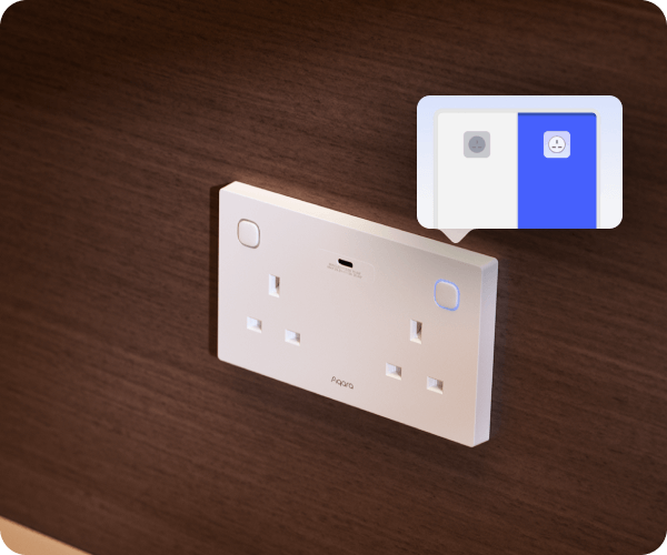 Aqara Wall Outlet H2 UK, a dual UK smart socket with USB-C and per-socket energy monitoring, mounted on a wall with the app's power-monitoring view.